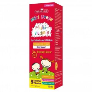 Natures aid Mini Drops Multi-vitamin children's provides 9 essential vitamins to support growth, immunity, and development in babies and young children.