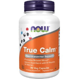 NOW True Calm supports relaxation with amino acids and cofactors that promote the production and function of calming neurotransmitters
