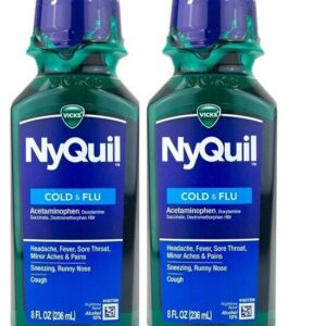 NyQuil Cold and Flu nighttime liquid bottles for cough, fever, and sore throat relief