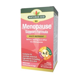 Natures Aid menopause support supplement with soy isoflavones, sage, vitamins and minerals to help reduce hot flashes and support hormonal balance