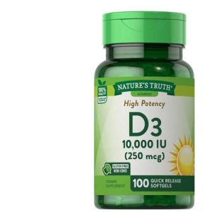High potency Vitamin D3 10000 IU softgels bottle for immune system support and strong bones