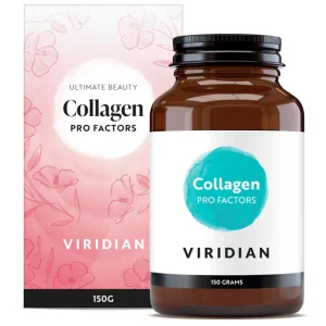 Viridian Collagen Pro Factors 150g supports collagen formation, skin elasticity and joint health. With vitamin C, zinc and hyaluronic acid.