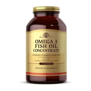 Solgar Omega-3 Fish Oil Concentrate supports heart, brain, and joint health with purified, high-quality EPA and DHA in softgel form