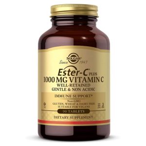 Solgar Ester-C Plus 1000mg provides gentle, non-acidic vitamin C with bioflavonoids for 24-hour immune support and antioxidant protection.