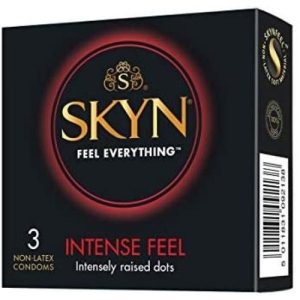 SKYN Intense Feel Condoms 3s feature raised dots for enhanced pleasure, latex-free comfort, and natural feel with reliable protection