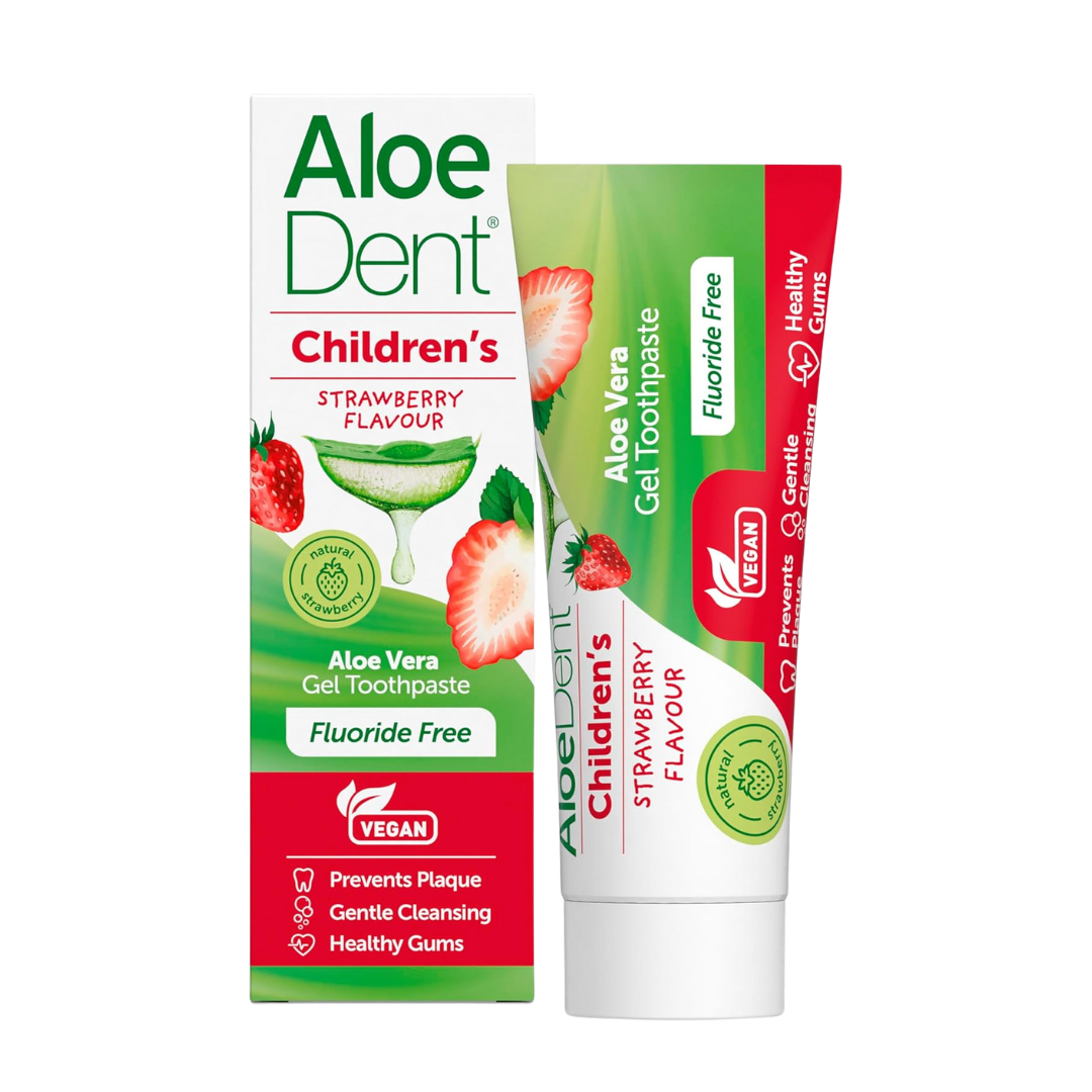 Aloe vera Children’s Fluoride-Free Toothpaste with aloe vera, horse chestnut escin, silica, and tea tree oil gently cleans teeth and soothes gums
