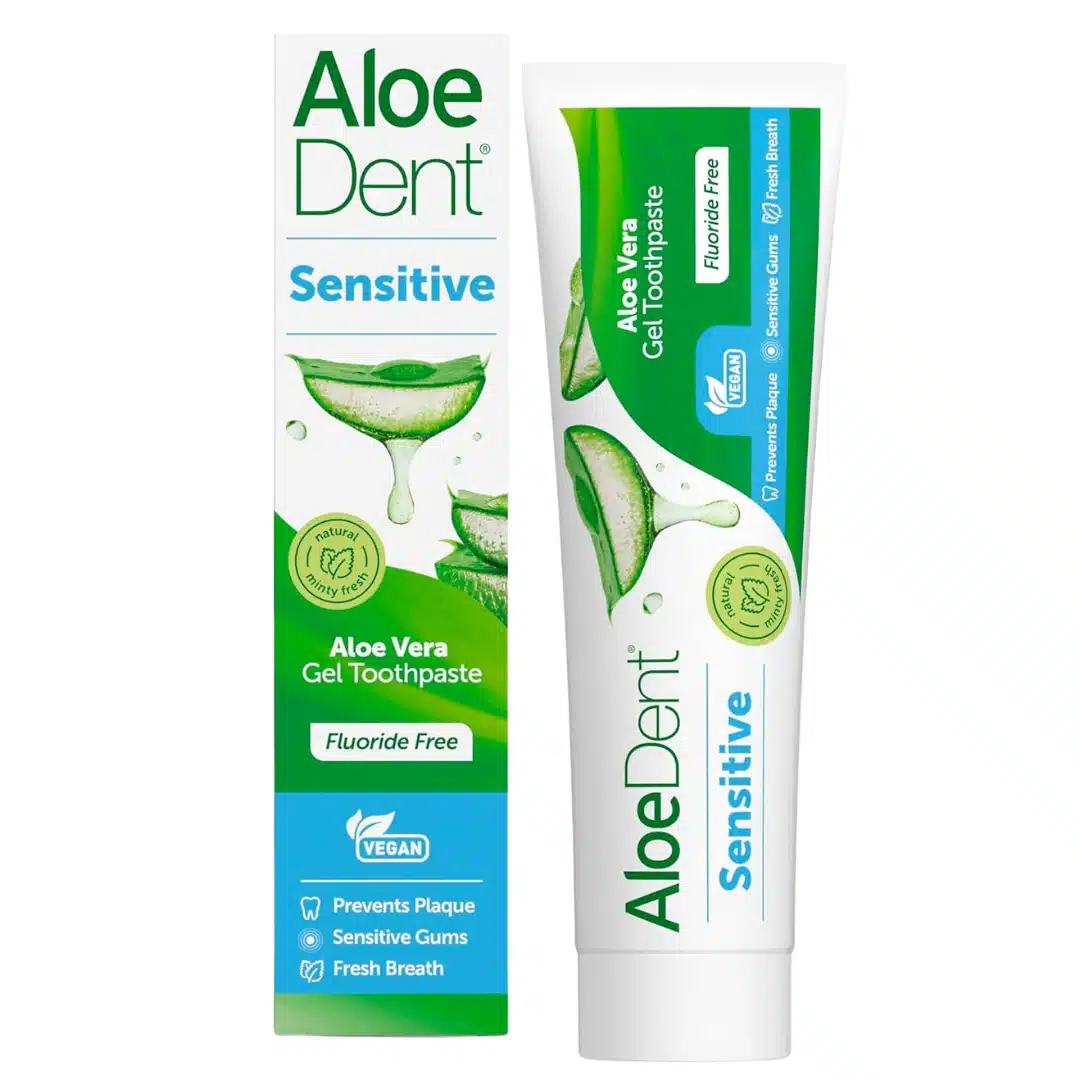 Aloe Vera Sensitive Toothpaste with vitamin K, echinacea, and tea tree oil soothes gums, helps reduce sensitivity and fights bacteria.