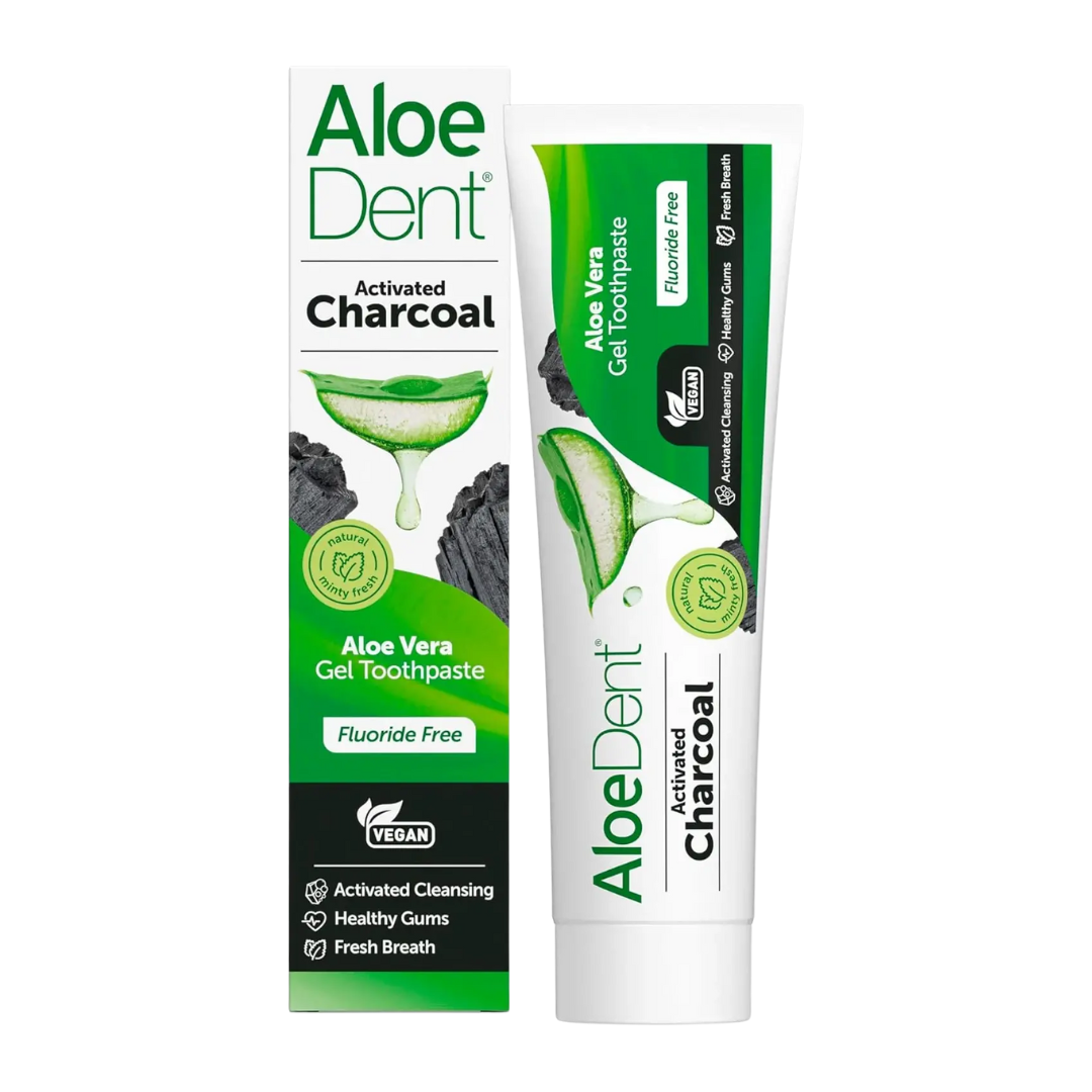 Aloe Vera Charcoal Toothpaste with Icelandic moss, tea tree oil, and silica deep-cleans, removes stains, soothes gums, and freshens breath .