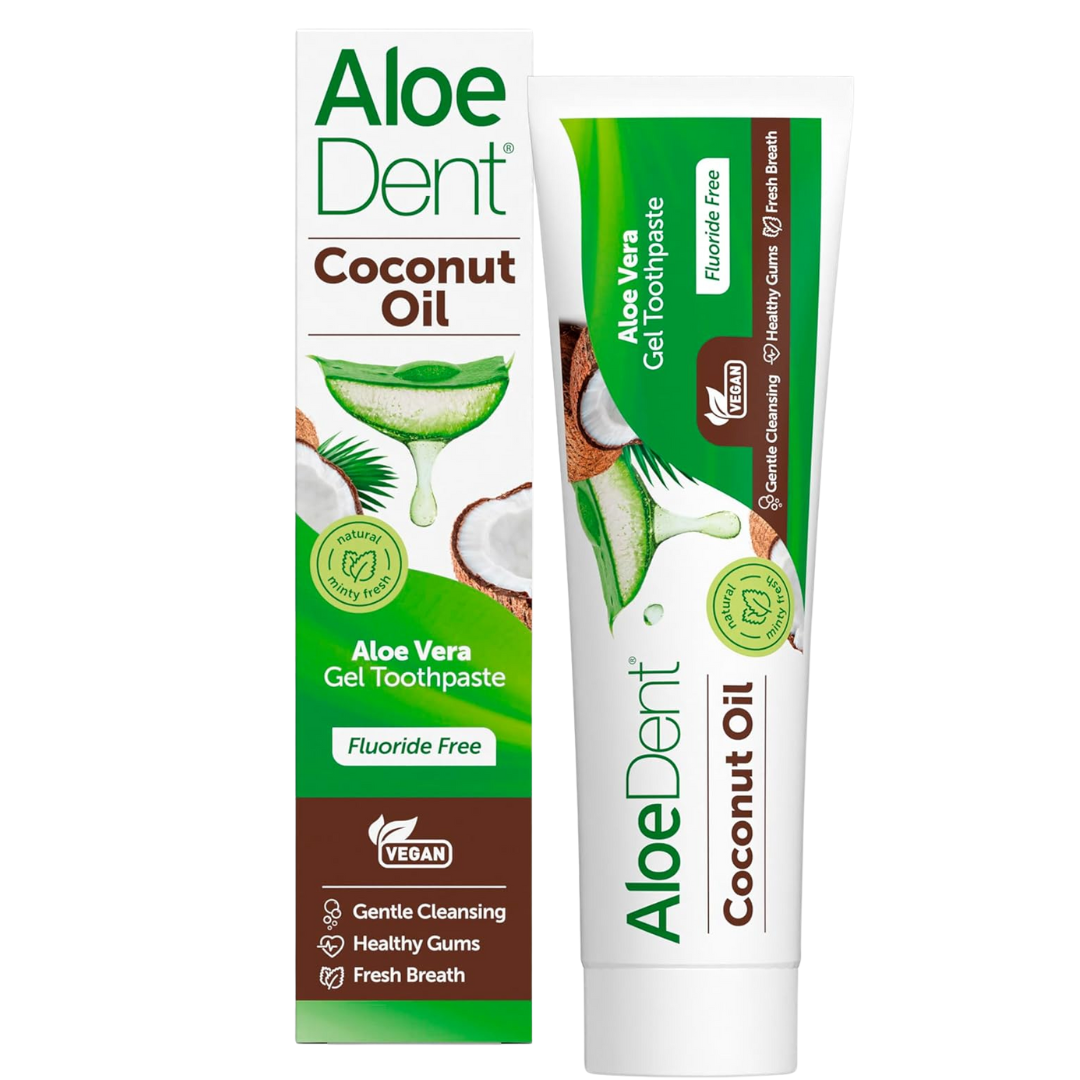 Aloe Vera Coconut Toothpaste with aloe vera, coconut oil, Icelandic moss, and tea tree oil gently cleanses teeth, soothes gums, and freshens breath.